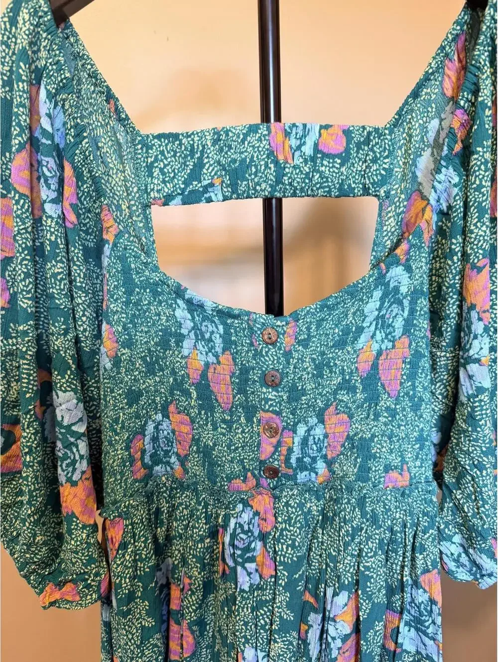 Free People NWT Green Floral Babydoll Mini Dress Size Large Boho Cottagecore